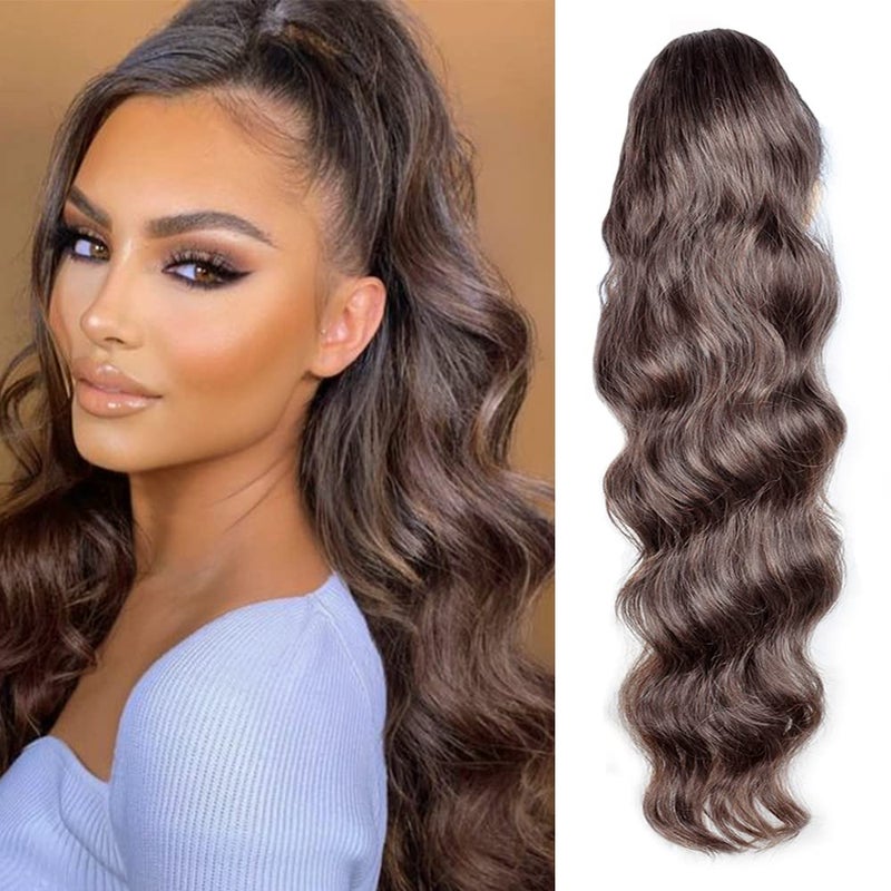 KETHBE KETHBE 24 Inch Drawstring Ponytail hair Extension Synthetic Heat Resistant Wrap Around Curly Wavy Long Body Wave Ponytail Hairpieces for Women 831 