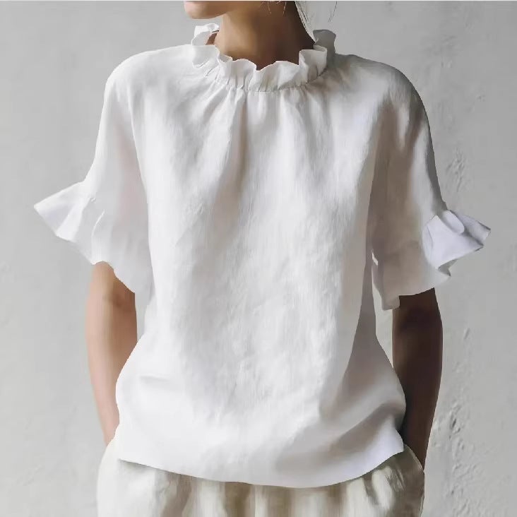 Women's Vintage Ruffled Round Neck Short Sleeve T-Shirt - Image 1