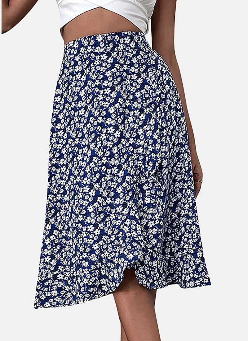 YUNIQEE Navy Blue Wrap Printed Midi Skirt