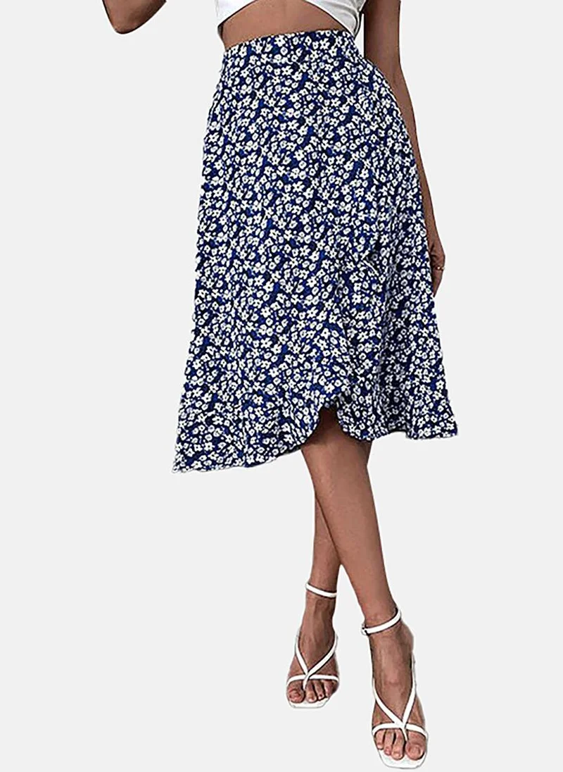 YUNIQEE Navy Blue Wrap Printed Midi Skirt