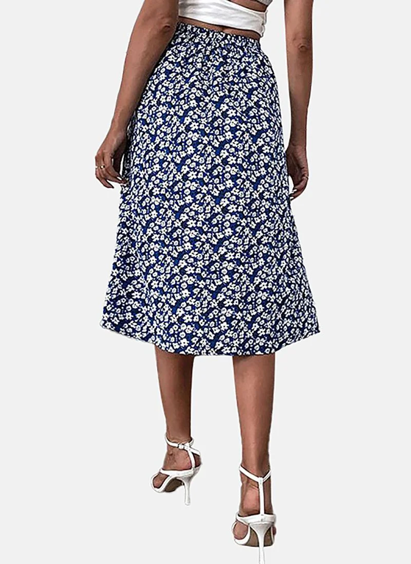 YUNIQEE Navy Blue Wrap Printed Midi Skirt