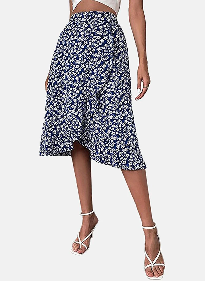 YUNIQEE Navy Blue Wrap Printed Midi Skirt
