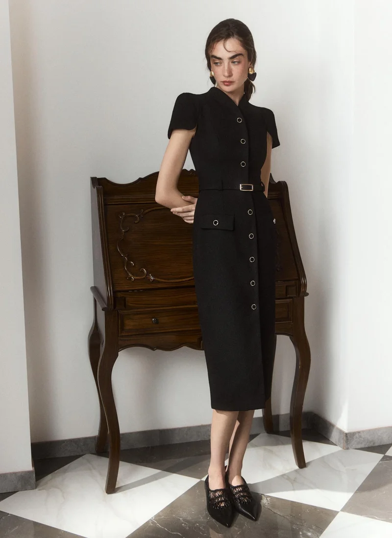 Lichi  Midi dress with short sleeves and tonal belt for Women | Best Price UAE