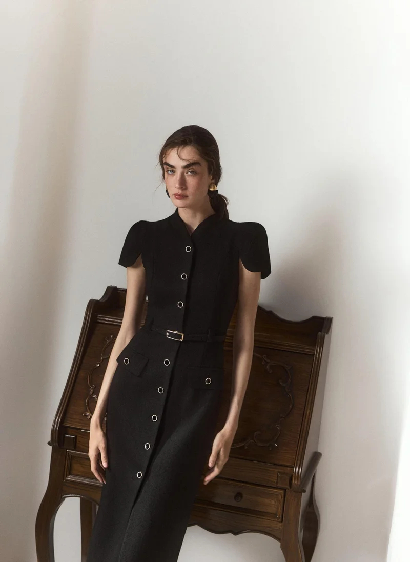 Lichi  Midi dress with short sleeves and tonal belt for Women | Best Price UAE