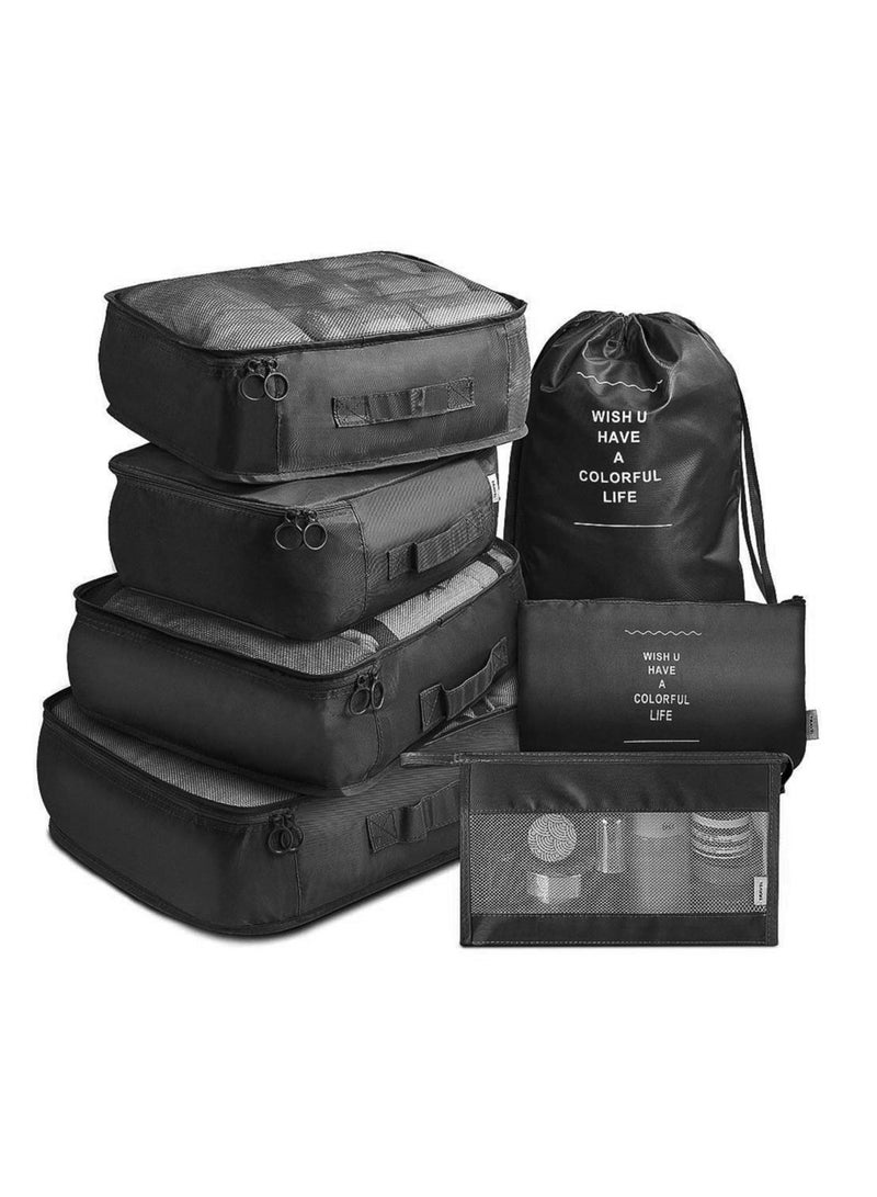 7 قطعة منظم السفر تخزين حقيبة حقيبة حزمة مجموعة تخزين الأمتعة المحمولة منظم الملابس والأحذية حقيبة أنيق - أسود - Image 3