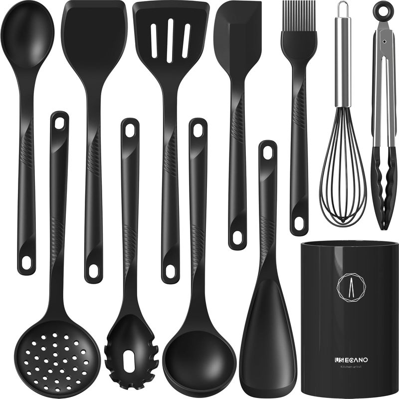USECANO Silicone Cooking Utensils Set - 600°F Heat Resistant, Nonstick Kitchen Utensil Set with Spatulas, Spoons, Whisk, Tongs, BPA Free, Dishwasher Safe, Black - Image 1