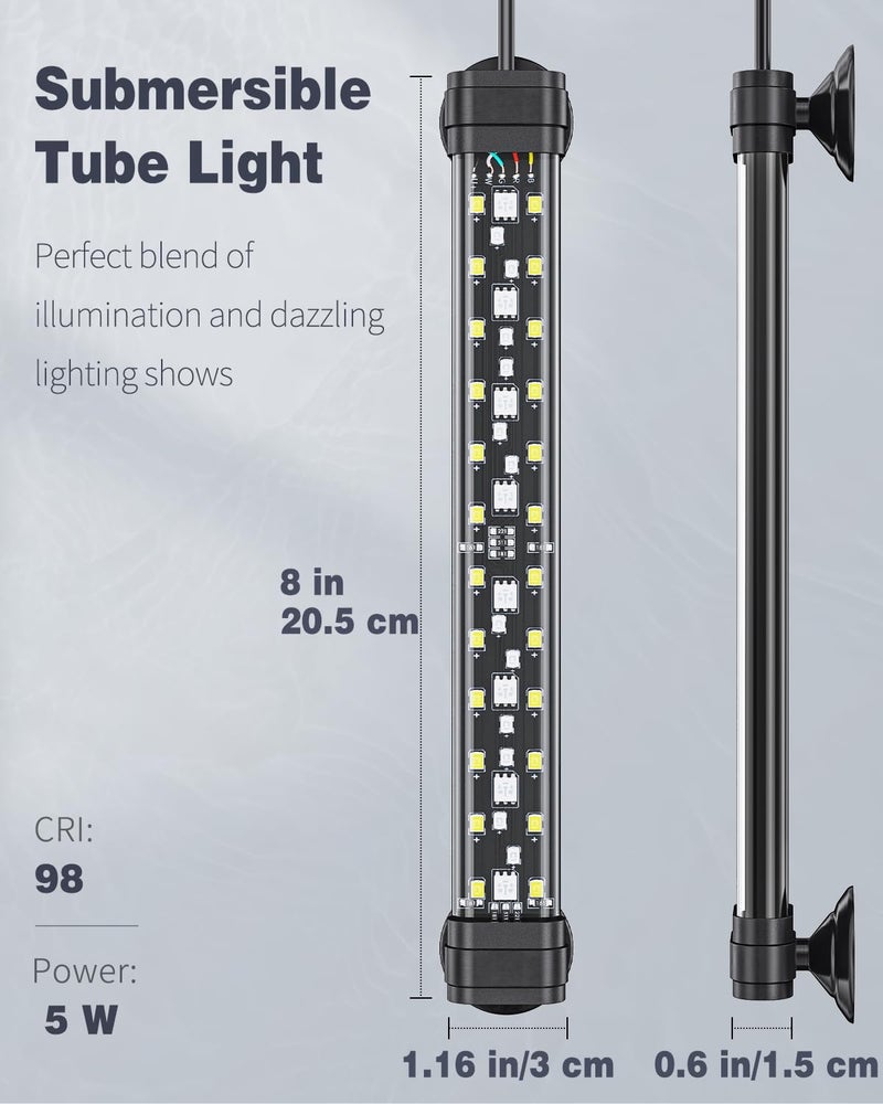 Pawfly 5 W Aquarium LED Light 8 Inch 24/7 Fish Tank Light with Full Spectrum Brilliant White Blue Red Green Lights Multi-Colored LEDs with D/N Mode Single Color Effects Timer and Adjustable Brightness - Image 4