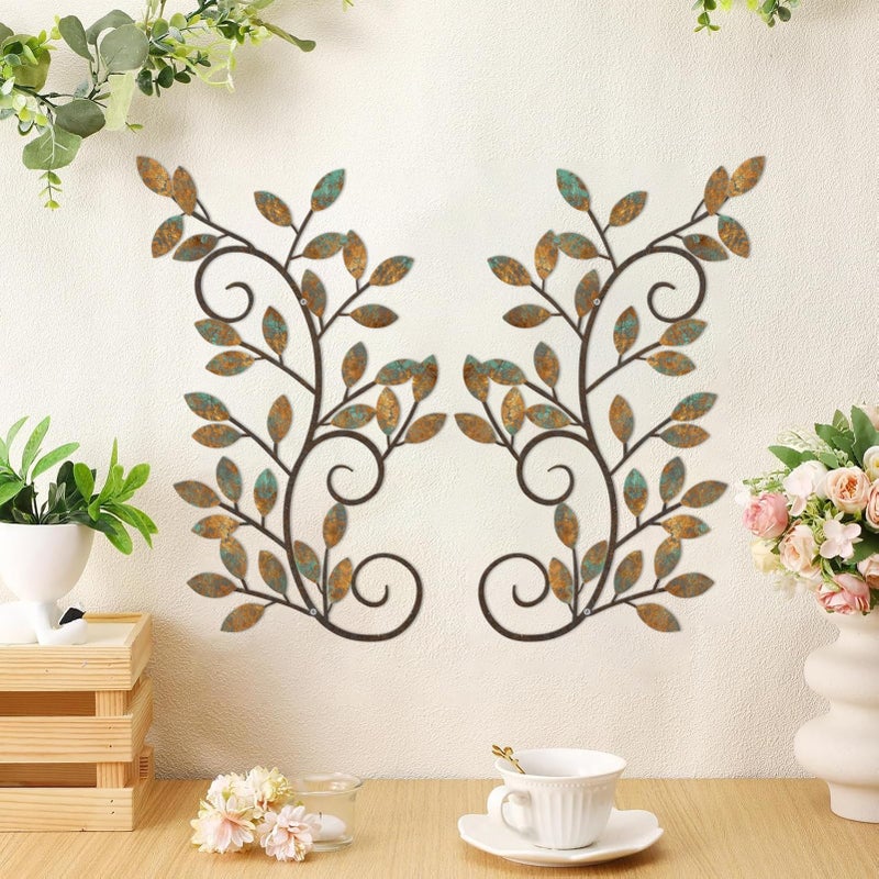 ESTART 2 Pieces Metal Tree Leaf Wall Decor Vine Olive Branch Leaf Wall Art Ornament Wall Hanging Sign for above Door, Living Room, Bathroom, Office, Indoor and Outdoor Decoration (Rusty Color) - Image 2
