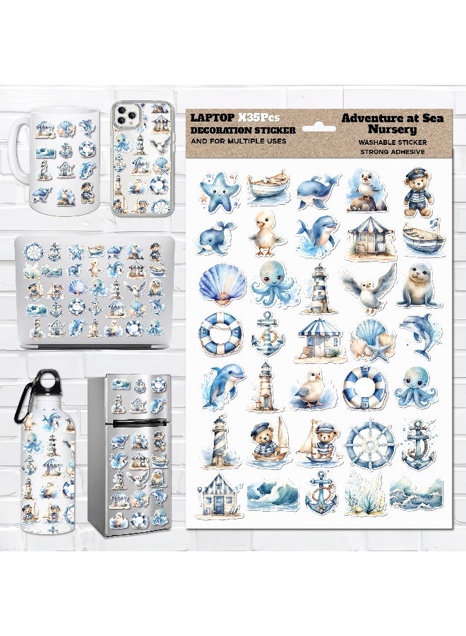 Laptop Sticker - 35 Pcs Adventure at Sea Nursery Cute Custom Shapes Waterproof Scratch And Heat Resistant for Laptops, Mugs, Mirrors, and Bottles, Perfect for Personalizing Your Gear,  Laptop Vinyl Sticker  - Image 1