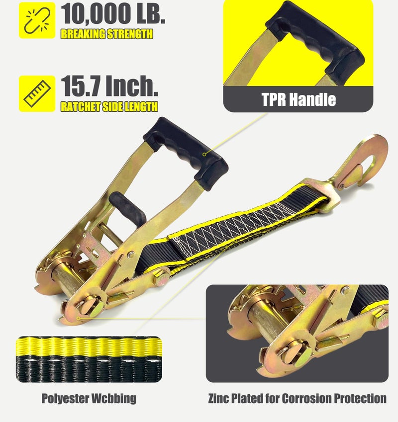 KJE Heavy Duty Car Trailer Tie Down Straps with Reflective - (4) 2" x 10' Ratchet Straps with Snap Hooks, (4) Axle Straps 2" x 36'' - 10,000lbs Break Strength - Use for Car, Truck, UTV Transport - Image 4