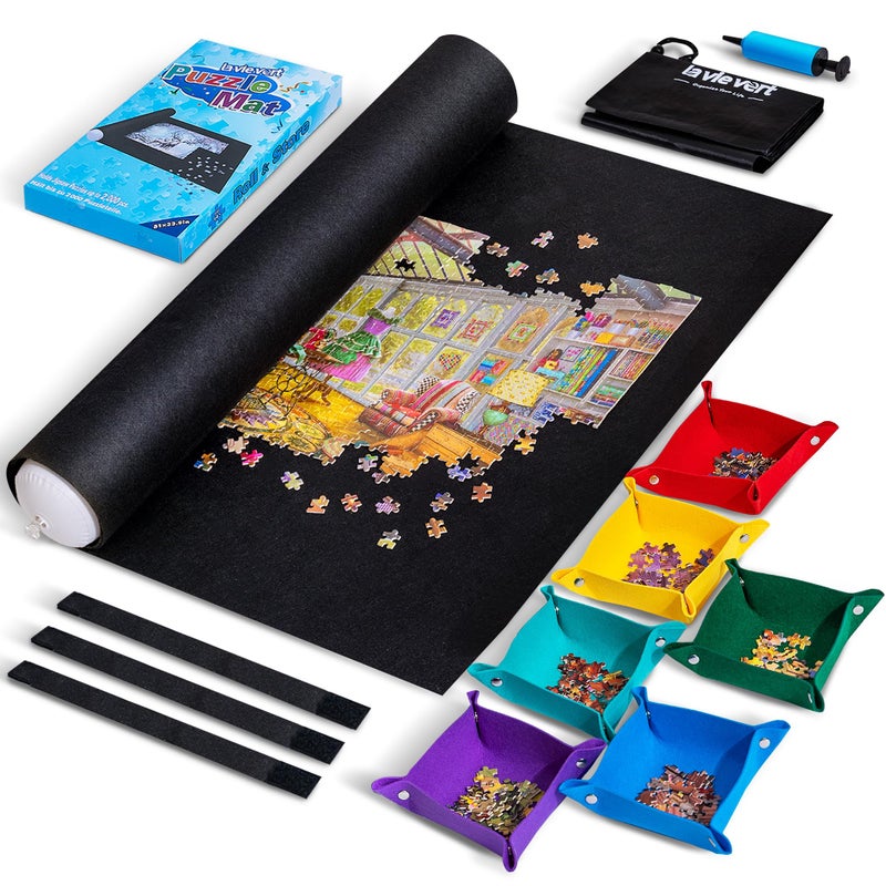 Lavievert Jigsaw Puzzle Mat Roll Up with 6 Color Sorting Trays, Store and Transport Puzzles Up to 2000 Pieces, Portable Puzzle Board Saver Keeper with Storage Bag & Hand Pump for Adults - Image 1