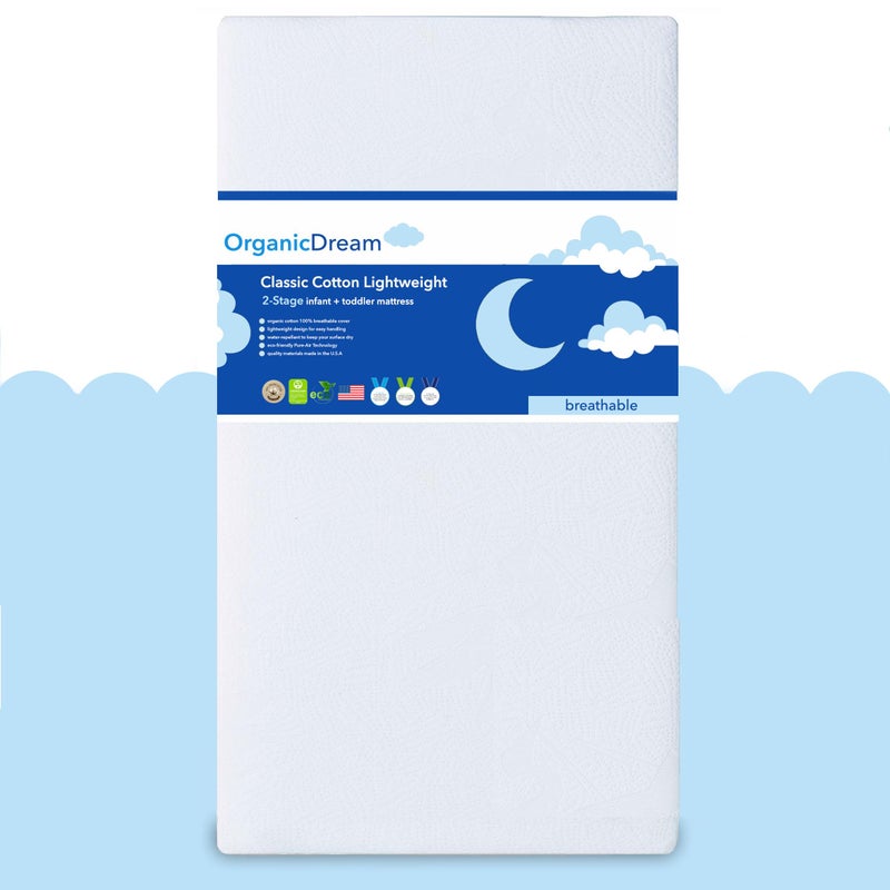 ORGANICDREAM Crib Mattress Toddler Bed 100 Breathable Proven to Reduce Suffocation Risk Hypoallergenic GREENGUARD Certified Lightweight 2Stage Removable Cover Deluxe 6 Thick White