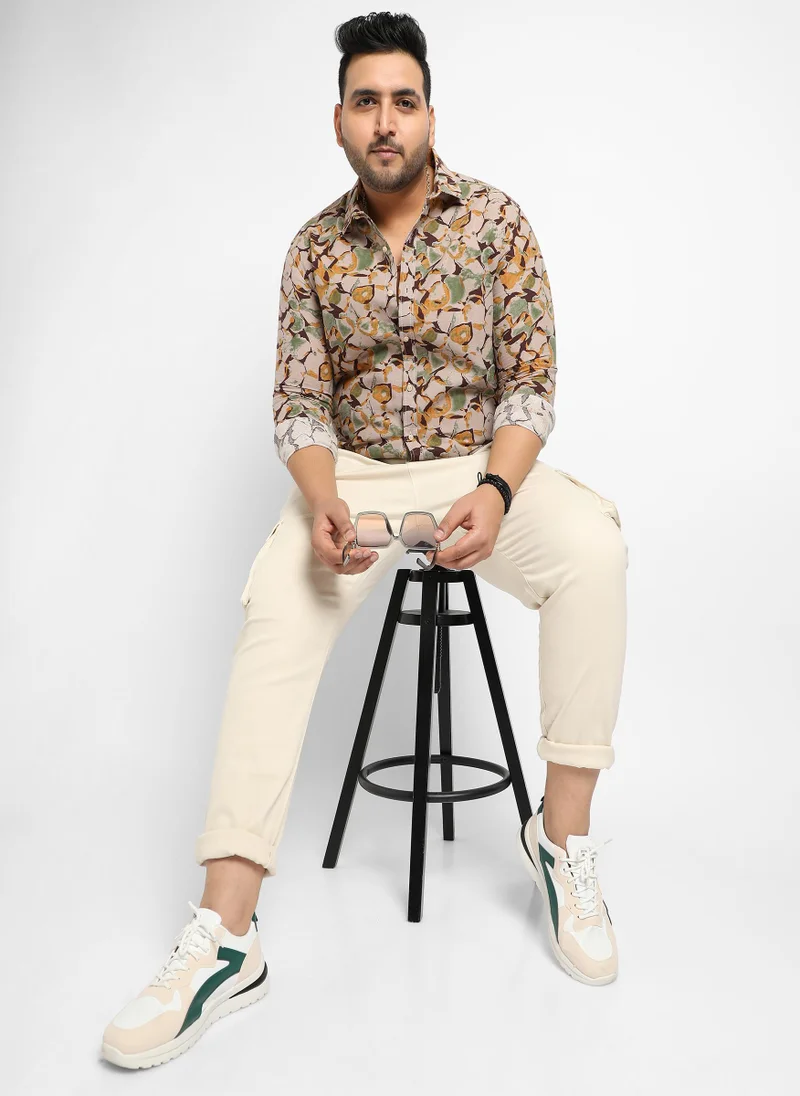 Instafab Plus Men's Beige & Green Artistic Floral Cluster Shirt