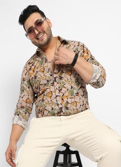 Instafab Plus Men's Beige & Green Artistic Floral Cluster Shirt  - Image 1