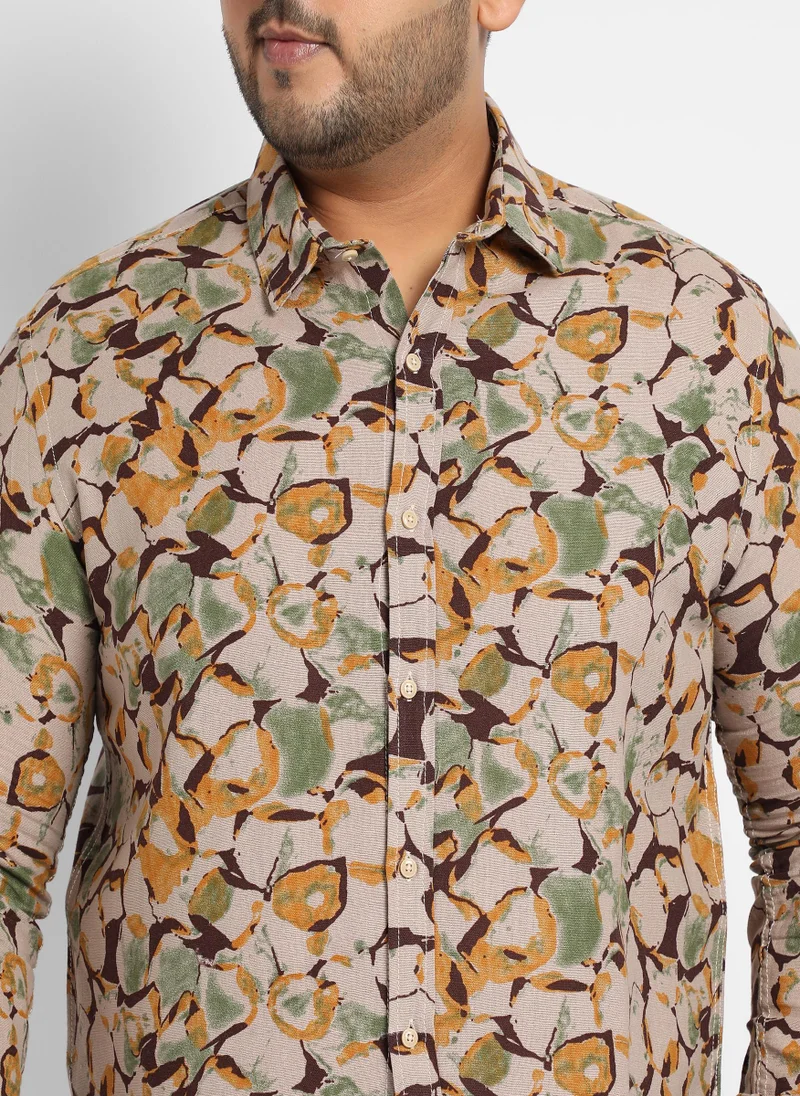 Instafab Plus Men's Beige & Green Artistic Floral Cluster Shirt