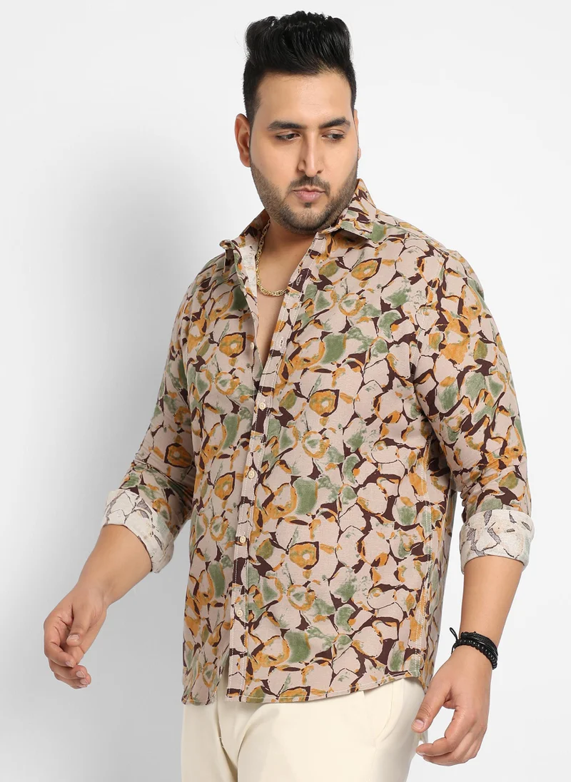 Instafab Plus Men's Beige & Green Artistic Floral Cluster Shirt