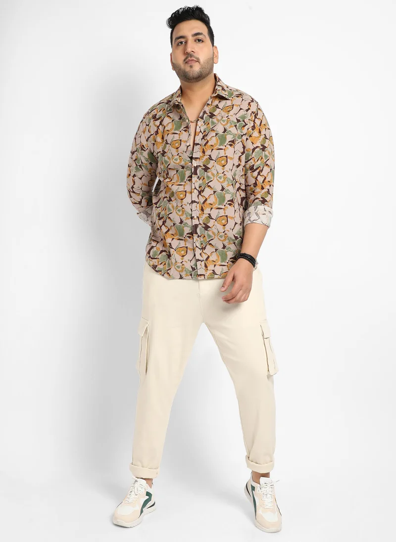 Instafab Plus Men's Beige & Green Artistic Floral Cluster Shirt