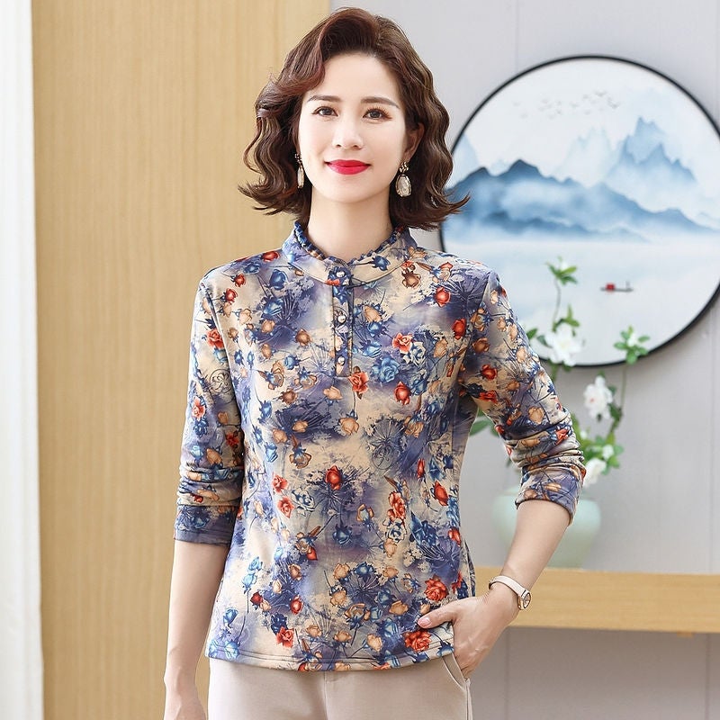 Fashion Warm Long-Sleeved T-Shirt Stylish Middle-Aged And Elderly Mother'S Meat Covering Top Fleece-Lined Thickened Base Shirt - Image 1
