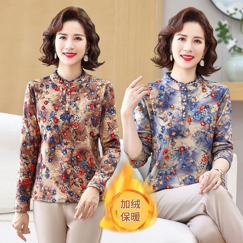 Fashion Warm Long-Sleeved T-Shirt Stylish Middle-Aged And Elderly Mother'S Meat Covering Top Fleece-Lined Thickened Base Shirt - Image 4