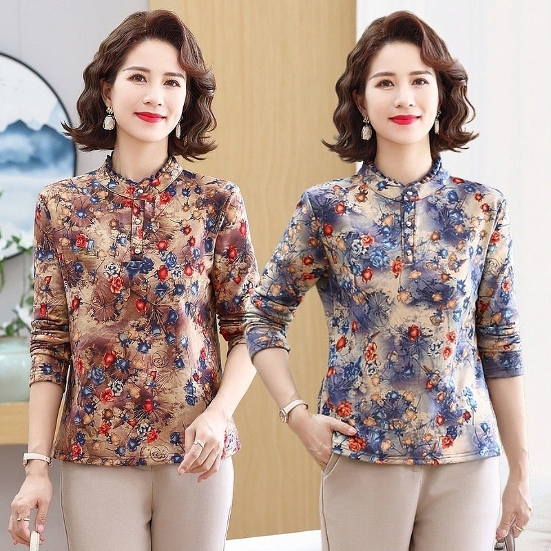 Fashion Warm Long-Sleeved T-Shirt Stylish Middle-Aged And Elderly Mother'S Meat Covering Top Fleece-Lined Thickened Base Shirt - Image 2