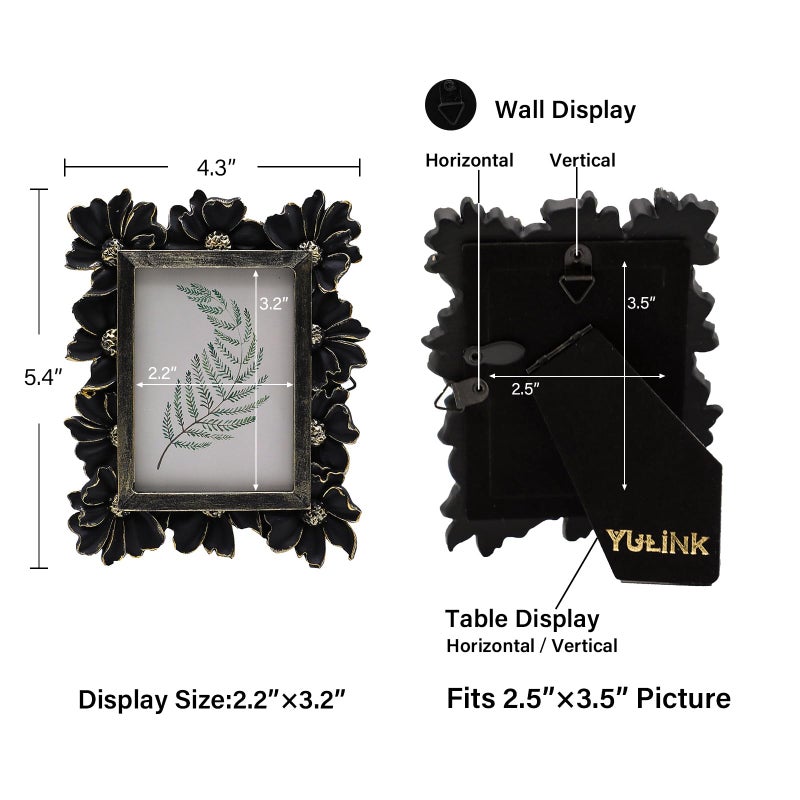 YULINK 2.5x3.5 Small Vintage Picture Frame  Tiny Antique Black Ornate Photo Frame  for Tabletop and Wall Display  Decorative Floral Design Retro Home Decor  Old Fashioned Photo Gallery Art - Image 5
