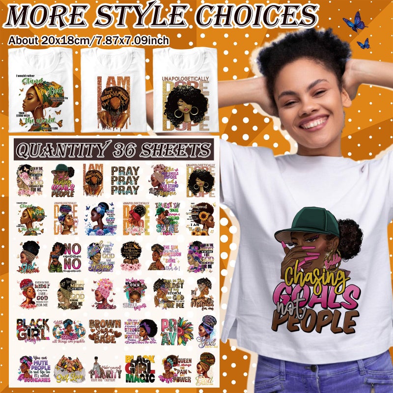 Tellingyou 36 Sheets Iron on Transfers Patches Dtf Ready to Press Vinyl Iron on Patch Embroidered Applique for T Shirt Jacket Pillow Covers Backpack Hoodies DIY Decorations(Black Girl) - Image 3
