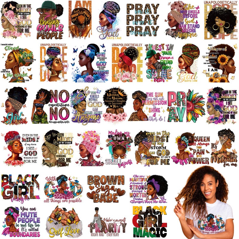 Tellingyou 36 Sheets Iron on Transfers Patches Dtf Ready to Press Vinyl Iron on Patch Embroidered Applique for T Shirt Jacket Pillow Covers Backpack Hoodies DIY Decorations(Black Girl) - Image 1