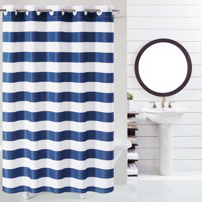 Hookless Its A Snap Cabana Stripe Shower Curtain 3in1 Shower Curtain Includes Shower Curtain with FlexOn Rings  PEVA Liner 71 x 74 Navy