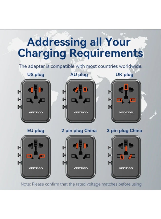 Vention 4-Port USB (C+C+A+A) GaN Universal Travel Adapter PD 65W Compatible with Laptops, Tablets, Smartphones, and More – Multi-Plug (US/UK/EU/AU) with 2500W AC Output -Black - Image 2