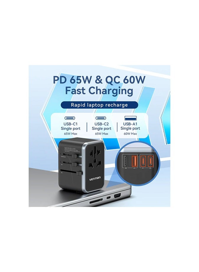 Vention 4-Port USB (C+C+A+A) GaN Universal Travel Adapter PD 65W Compatible with Laptops, Tablets, Smartphones, and More – Multi-Plug (US/UK/EU/AU) with 2500W AC Output -Black - Image 3