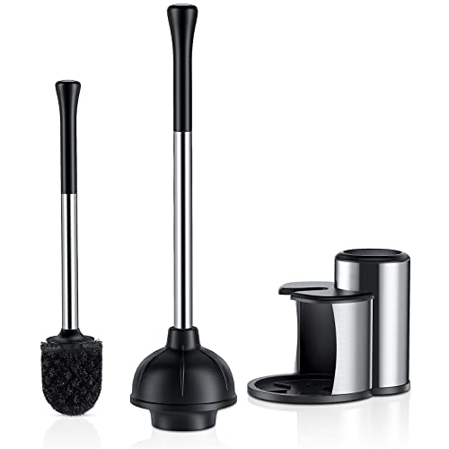 HAMITOR Toilet Plunger and Bowl Brush Set: 2 in 1 Stainless Steel Heavy Duty Toilet Cleaner Plunger with Holder Combo for Bathroom Cleaning - Modern Hideaway Bathroom Accessories with Caddy Stand - Image 1