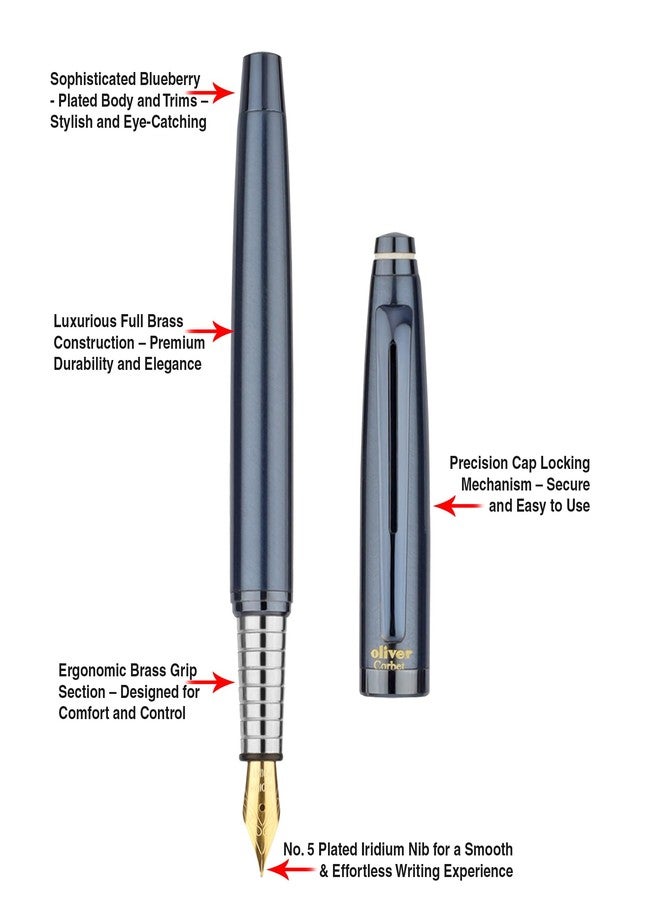 Oliver Corbet Matte Blueberry Fountain Pen – Brass Body | Iridium Tip | Premium Matte Blueberry Finish | Ink Cartridge | Gift T-Box Included - Image 3