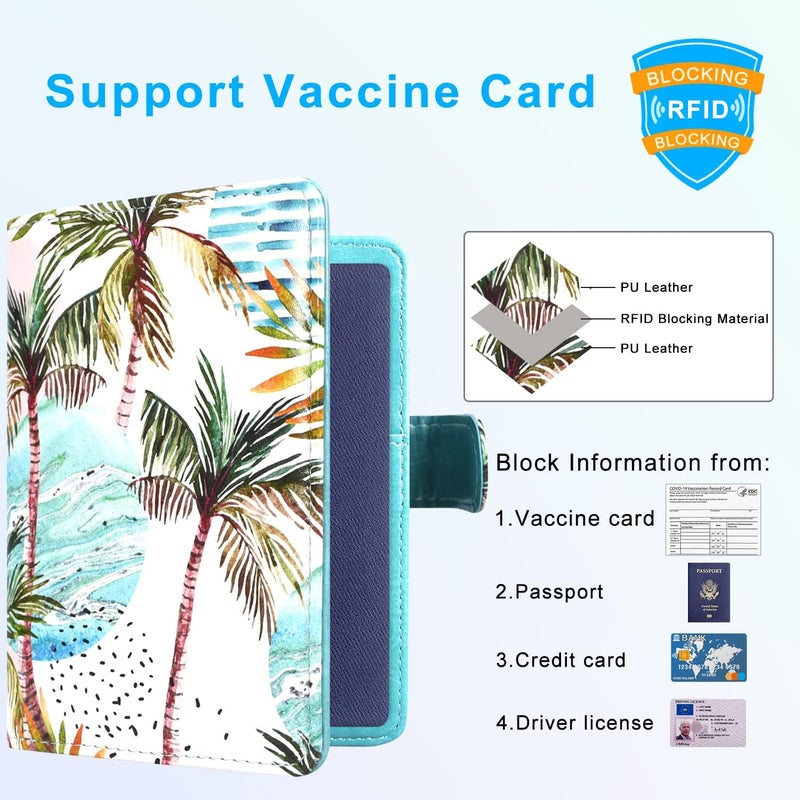 ACdream Passport and Vaccine Card Holder Combo, Cover Case with CDC Vaccination Card Slot, Leather Travel Documents Organizer Protector, with RFID Blocking, for Women and Men- Coconut tree - Image 3
