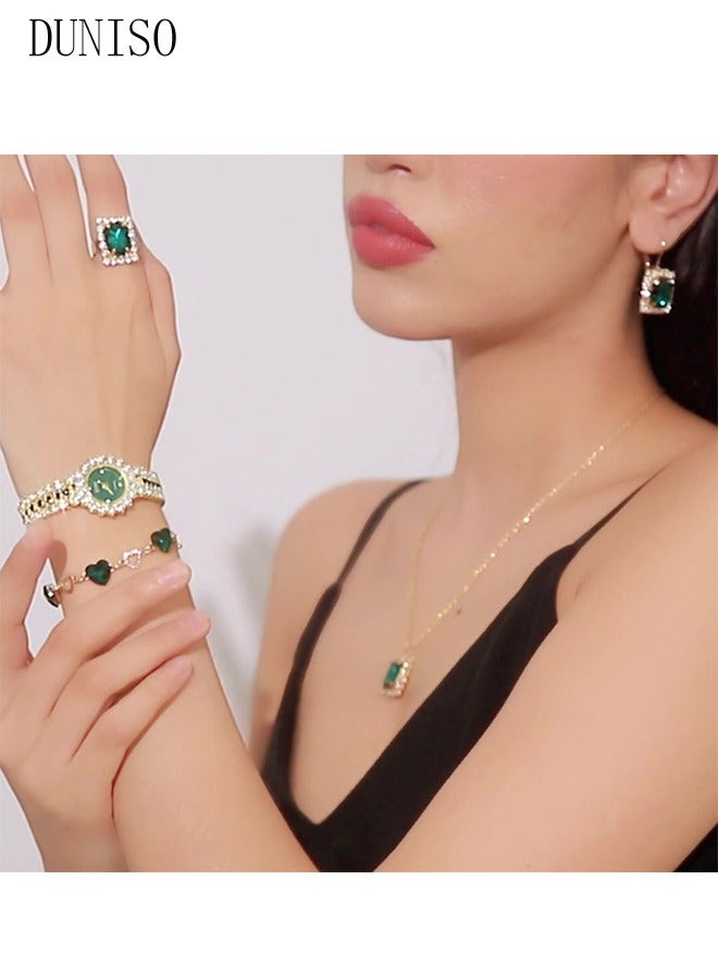 DUNISO 5 Pcs Shining Ladies Watches Gifts Set With Diamond Decorated Watch Bracelet Necklace Ring Earrings Luxury Fashion Jewellery Green Jade Quartz Wrist Womens Watch  - Image 5