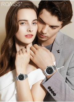 roaiss Stainless Steel Strap Couple Quartz Watch Set, Analog Display Round Dial with Rhinestones Decoration, Luxurious Luminous Waterproof Calendar Watch Gift for Men Women  - Image 2