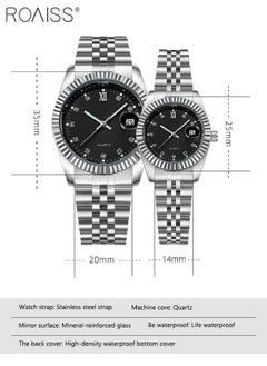 roaiss Stainless Steel Strap Couple Quartz Watch Set, Analog Display Round Dial with Rhinestones Decoration, Luxurious Luminous Waterproof Calendar Watch Gift for Men Women  - Image 3