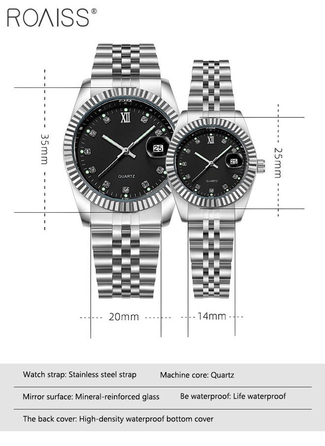 roaiss Stainless Steel Strap Couple Quartz Watch Set, Analog Display Round Dial with Rhinestones Decoration, Luxurious Luminous Waterproof Calendar Watch Gift for Men Women  - Image 3