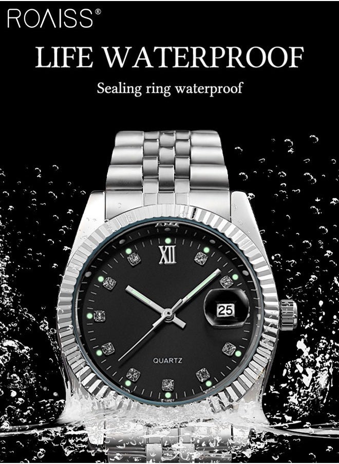 roaiss - Stainless Steel Strap Couple Quartz Watch Set, Analog Display Round Dial with Rhinestones Decoration, Luxurious Luminous Waterproof Calendar Watch Gift for Men Women - Image 1