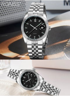 roaiss Stainless Steel Strap Couple Quartz Watch Set, Analog Display Round Dial with Rhinestones Decoration, Luxurious Luminous Waterproof Calendar Watch Gift for Men Women  - Image 5