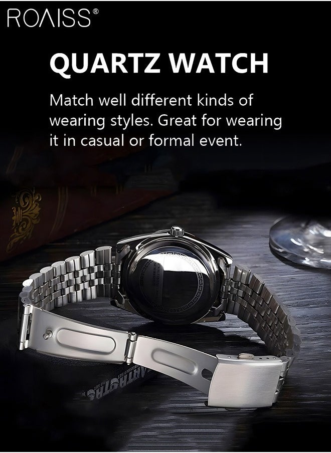roaiss - Stainless Steel Strap Couple Quartz Watch Set, Analog Display Round Dial with Rhinestones Decoration, Luxurious Luminous Waterproof Calendar Watch Gift for Men Women - Image 1