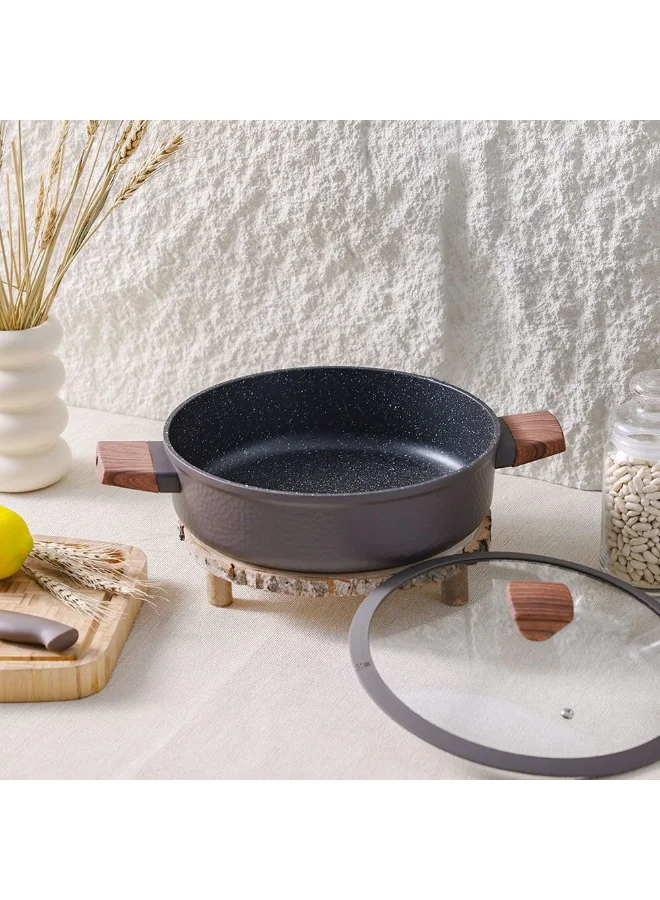 DANUBE HOME Chef's Delight Bistro Shallow Pot with Lid – Non-Stick Cooking Pot for Gas & Electric Stove – Deep Frying Pan for Kitchen, Stew, Curry, Pasta, Food Prep 28x8cm - Brown