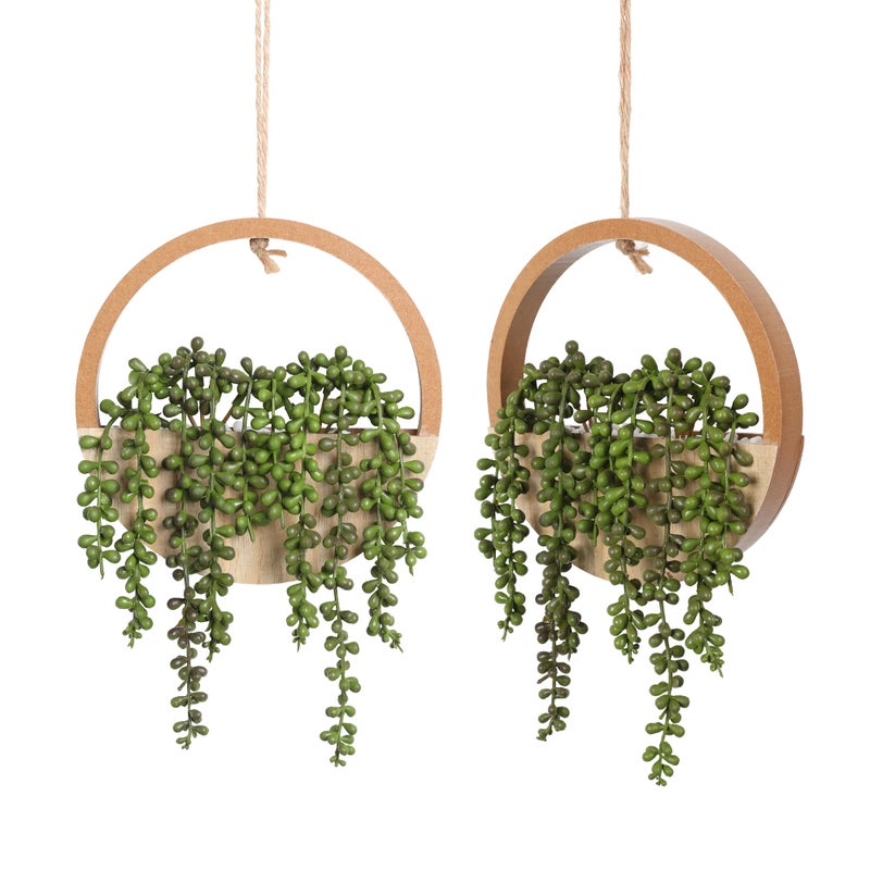 Floweroyal 2pcs Artificial Succulents Hanging Plants 122 Fake String of Pearls in Pot with 83 Lanyard for Indoor Outdoor Wall DecorWood Color