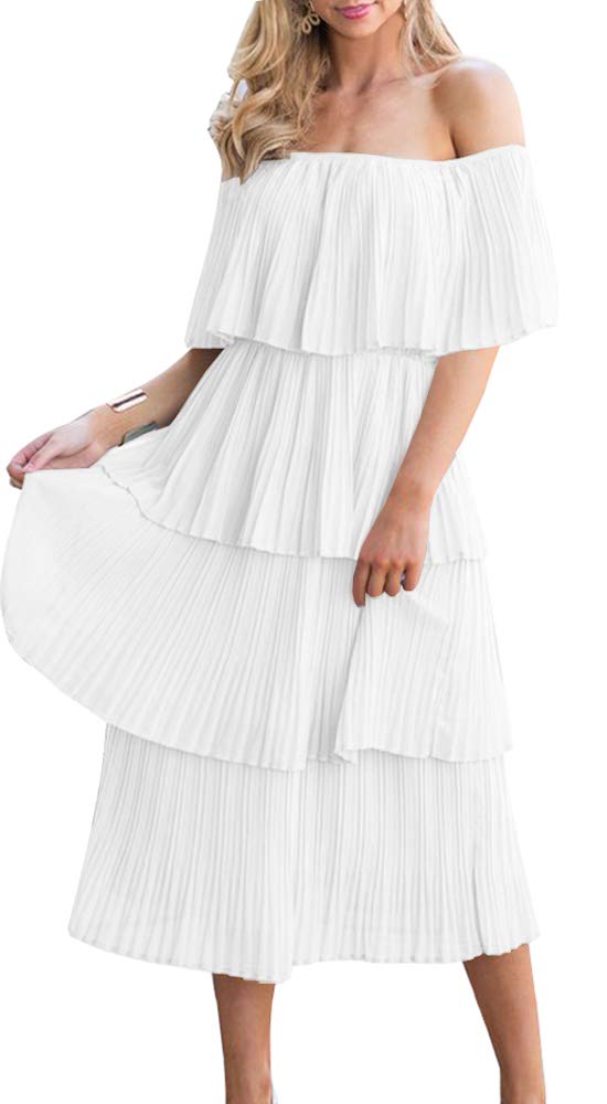 ETCYY Women's Off The Shoulder Ruffles Summer Wedding Guest Loose Casual Chiffon Long Party Beach Maxi Dress(S.White) - Image 1