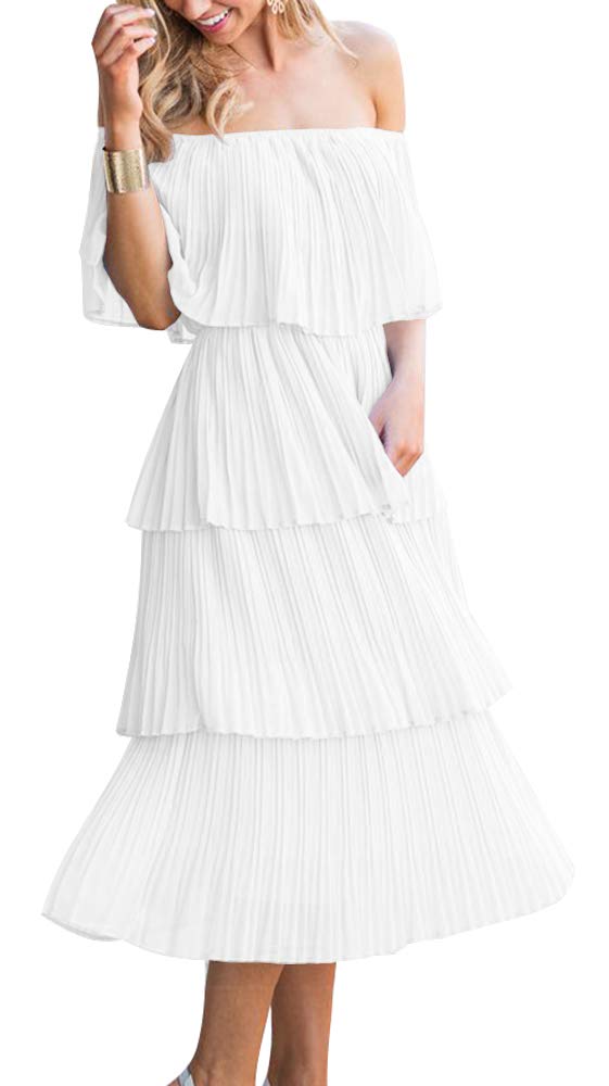 ETCYY Women's Off The Shoulder Ruffles Summer Wedding Guest Loose Casual Chiffon Long Party Beach Maxi Dress(S.White) - Image 4