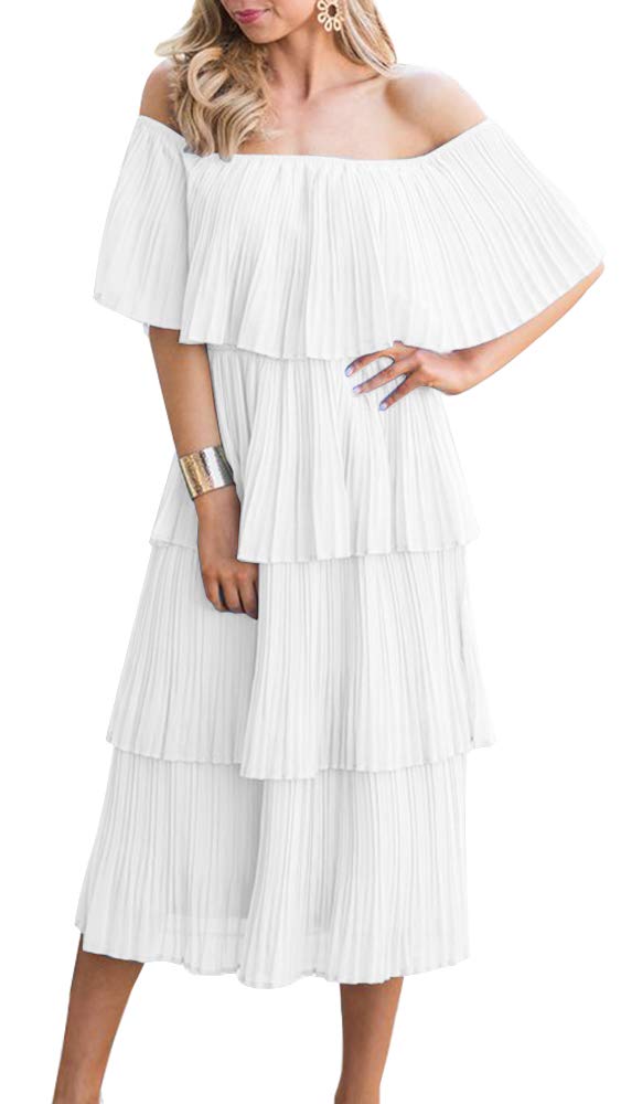 ETCYY Women's Off The Shoulder Ruffles Summer Wedding Guest Loose Casual Chiffon Long Party Beach Maxi Dress(S.White) - Image 3