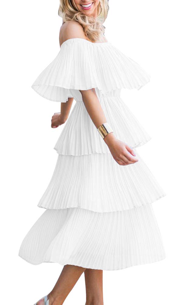 ETCYY Women's Off The Shoulder Ruffles Summer Wedding Guest Loose Casual Chiffon Long Party Beach Maxi Dress(S.White) - Image 2