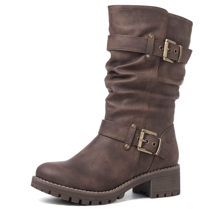 GLOBALWIN Women's Mid Calf Dress Boots Biker Motorcycle Riding Boots Women For Women Brown Size 8M - Image 1