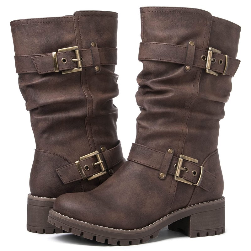 GLOBALWIN Women's Mid Calf Dress Boots Biker Motorcycle Riding Boots Women For Women Brown Size 8M - Image 3