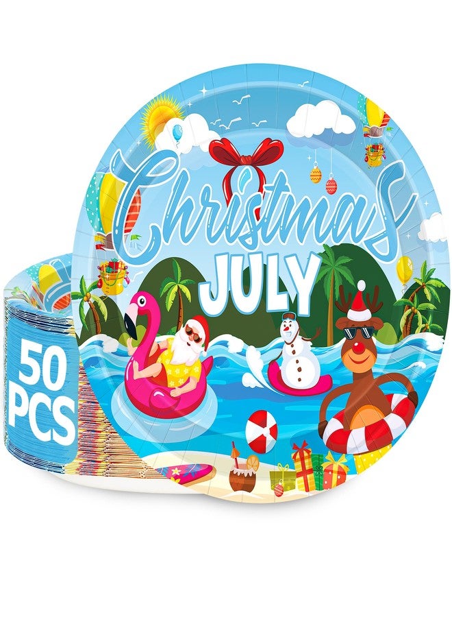 QZYL 50 PCS Christmas July Paper Plates, 12.2 X 10.2 Inches Oval Dinner Plates, Disposable Plates for Party, Holiday Plates Decorations Dinnerware for July Christmas Hawaiian Xmas Party Beach Picnics - Image 1