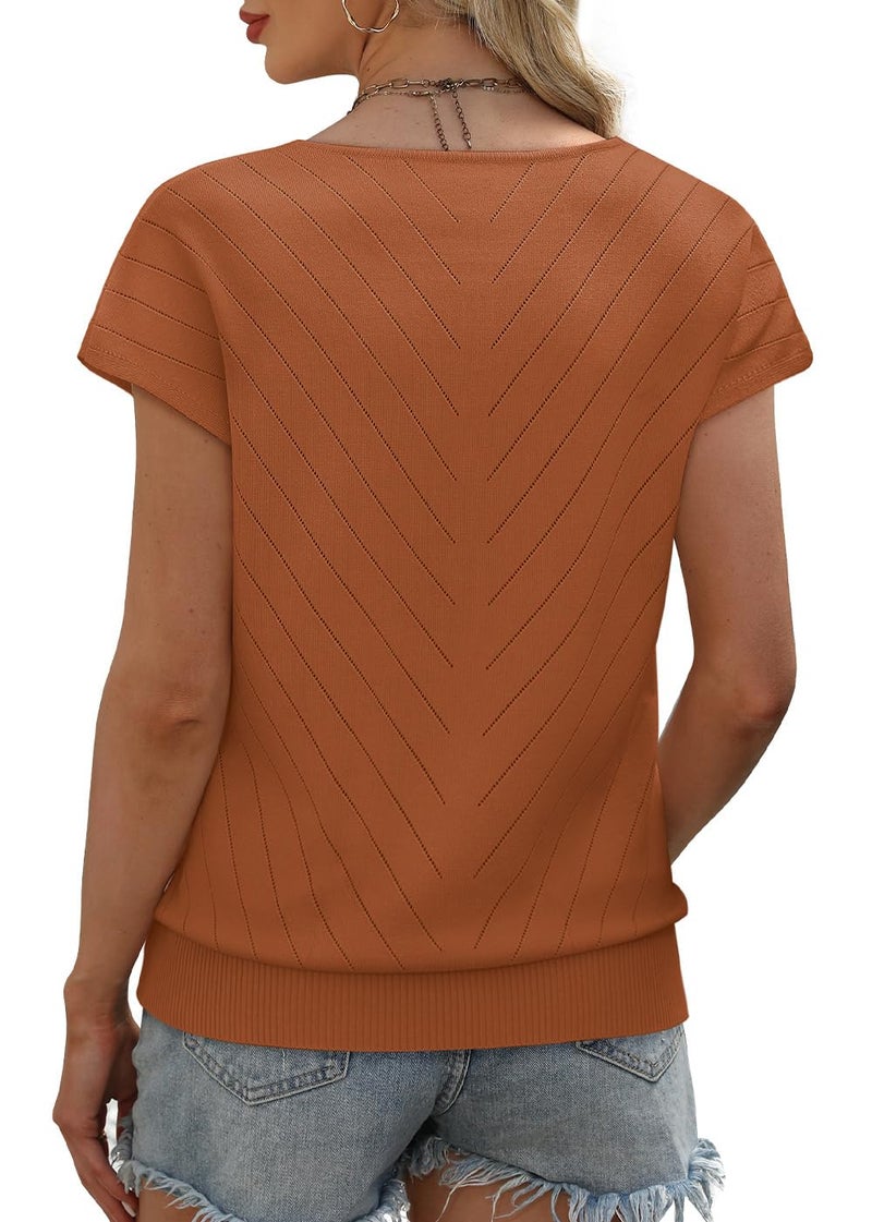WIHOLL Womens Tops Cap Short Sleeve Sweater Basic Summer Tops V Neck T Shirts Flowy Business Casual Outfits Work 2026 Trendy Travel Holiday Outfits Beach Vacation Clothes Cruise Resort Wear Caramel S - Image 5
